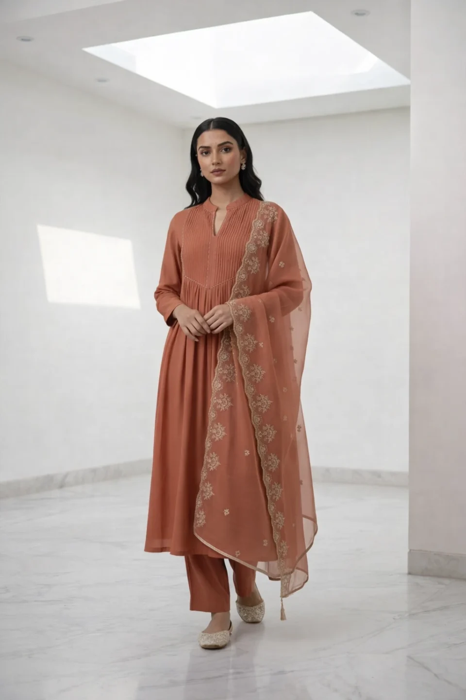 Rust Pleated Anarkali Set with Embroidery Dupatta