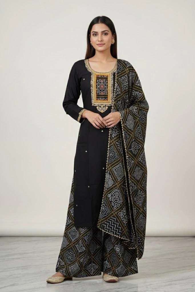 Black Embroidered Kurti Set with Printed Dupatta