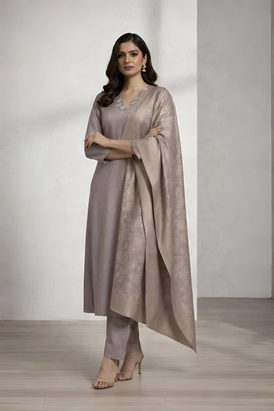 Mauve Grey Embroidered Kurta Set with Jacquard Dupatta