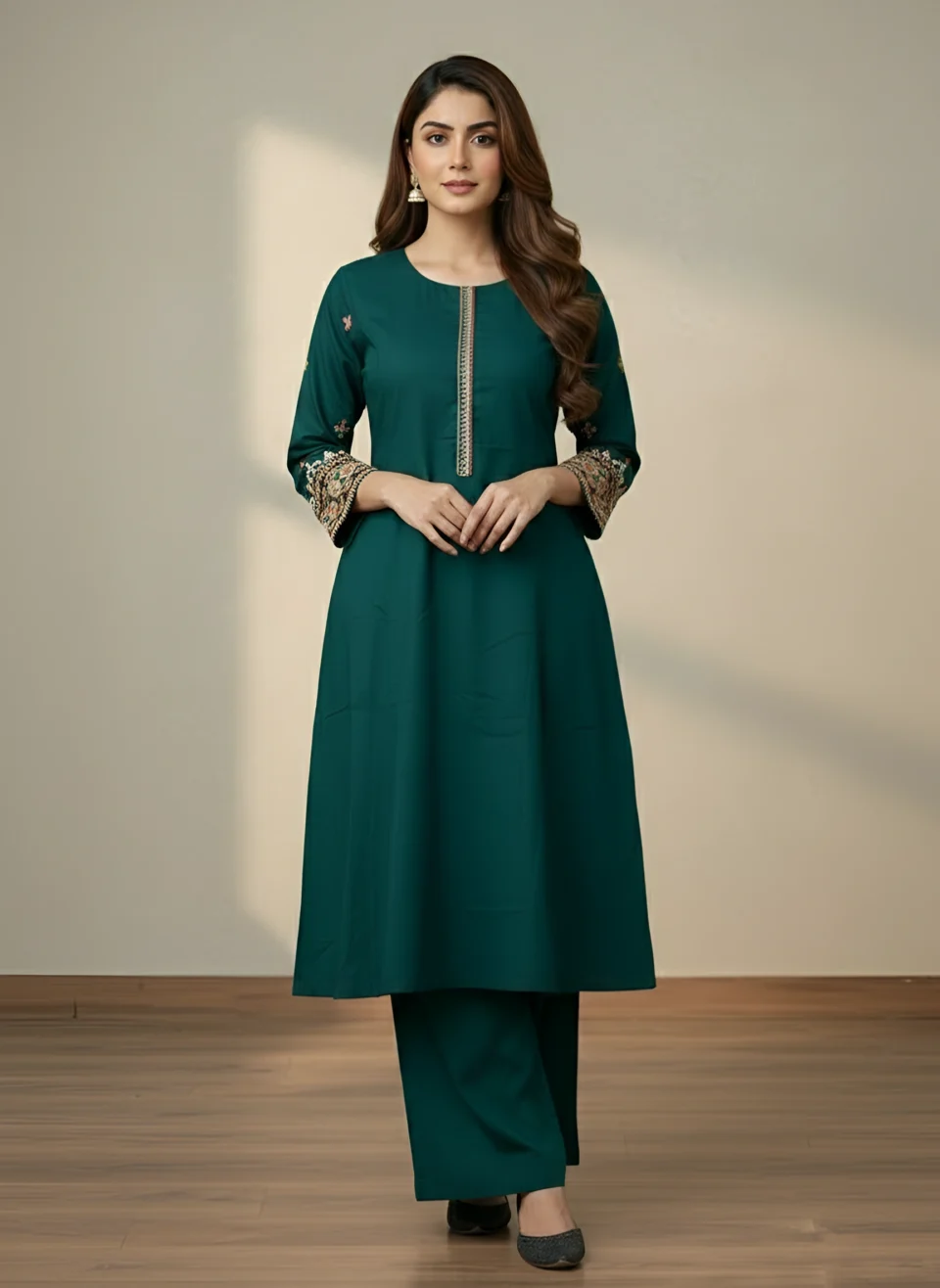 Emerald Hand-Embroidered A-Line Kurta Set