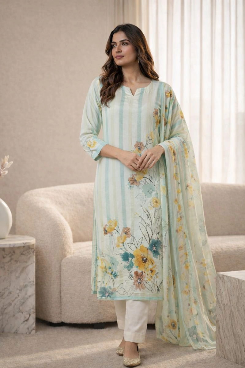 Mint Green Floral Printed Kurti Set with Dupatta