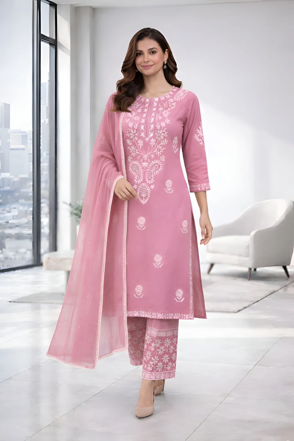 Pink Embroidered Kurta Pant Set with Organza Dupatta