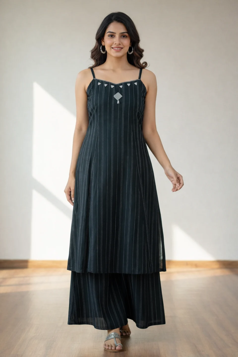 Women’s Black Striped Sleeveless Kurti Set