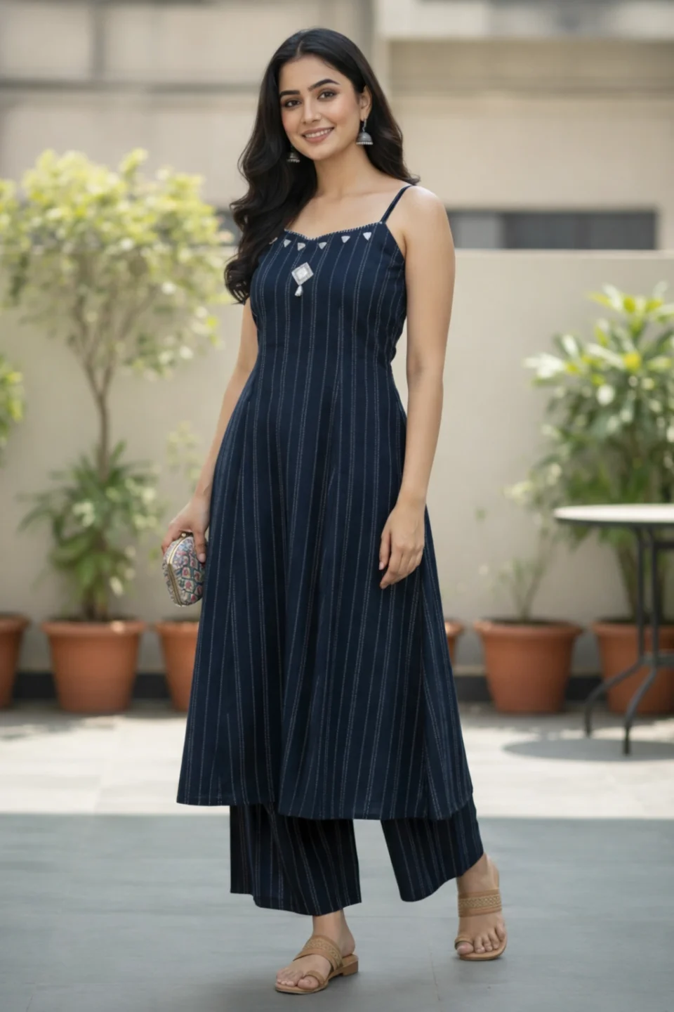 Navy Blue Striped Sleeveless Kurti Palazzo Set