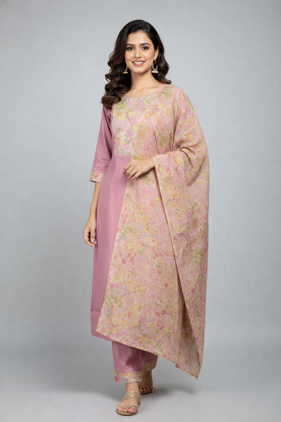 Pastel Pink Floral Printed Kurta Pant Dupatta Set