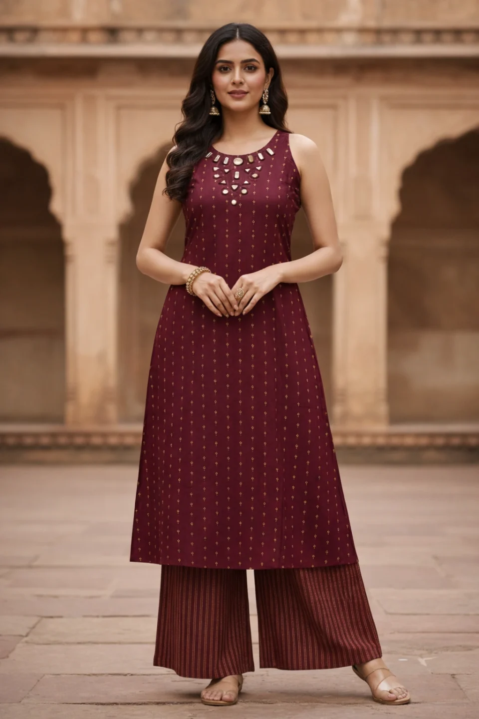 Maroon Sleeveless Printed Kurti Palazzo Set