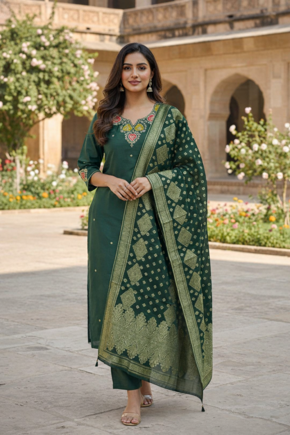 Emerald Green Embroidered Kurta Set with Banarasi Dupatta
