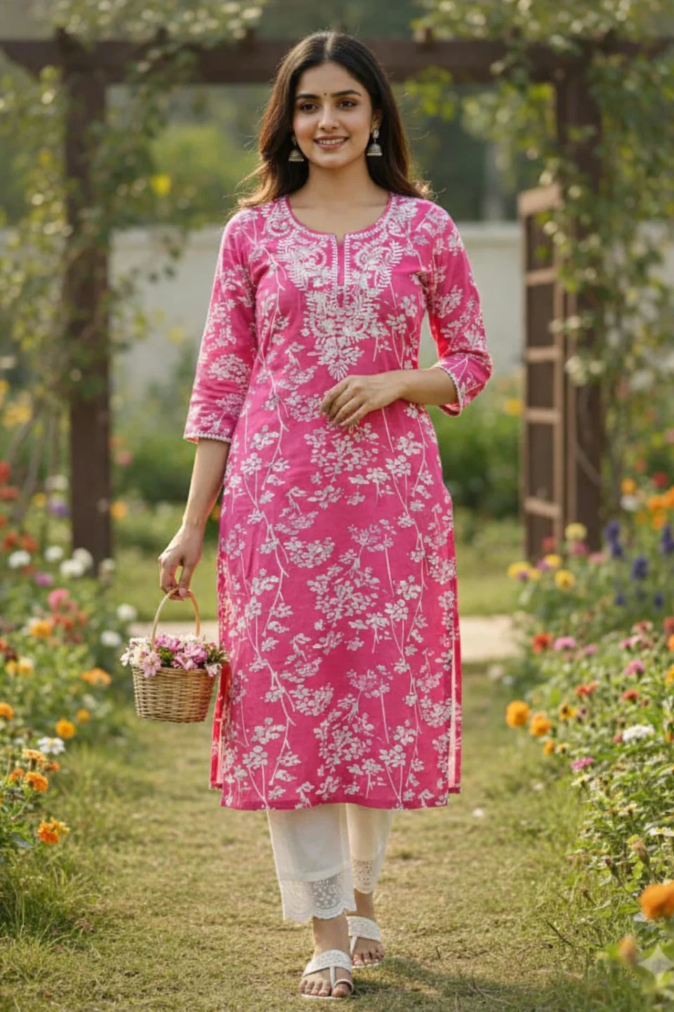Pink Floral Printed Straight Kurti