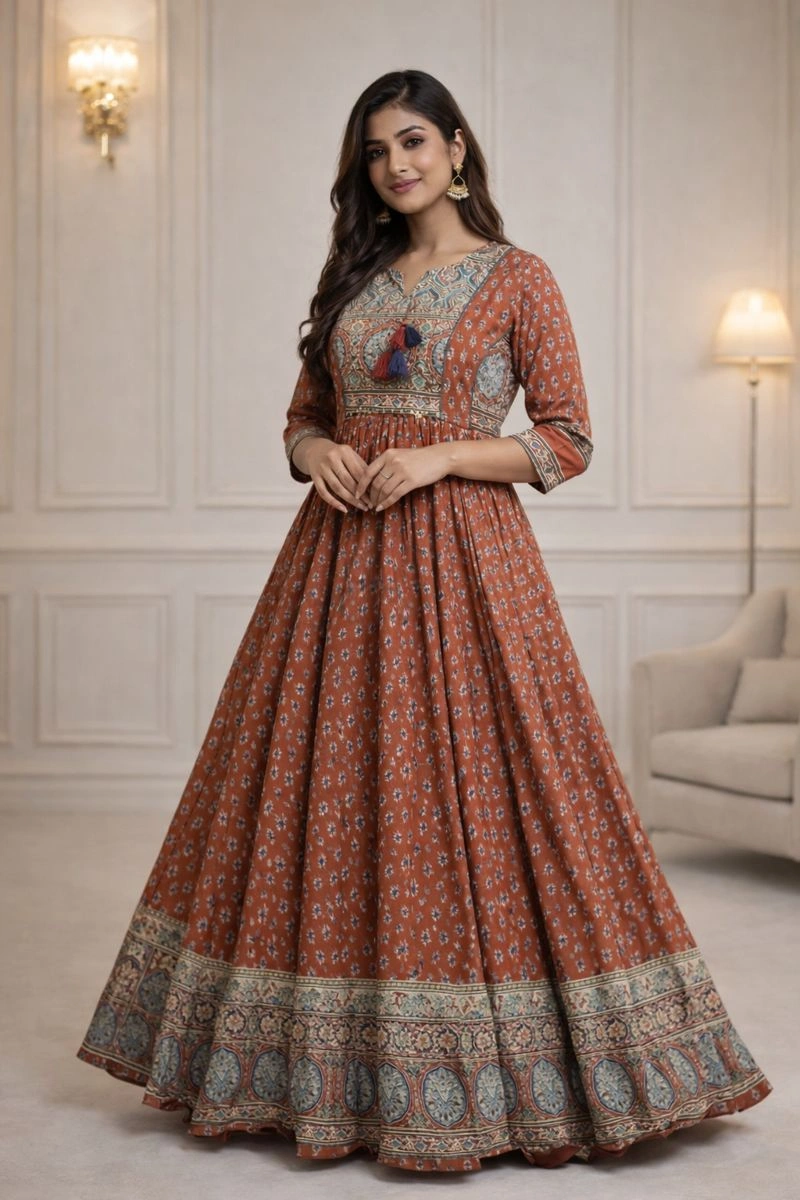 Rust Floral Printed Long Gown