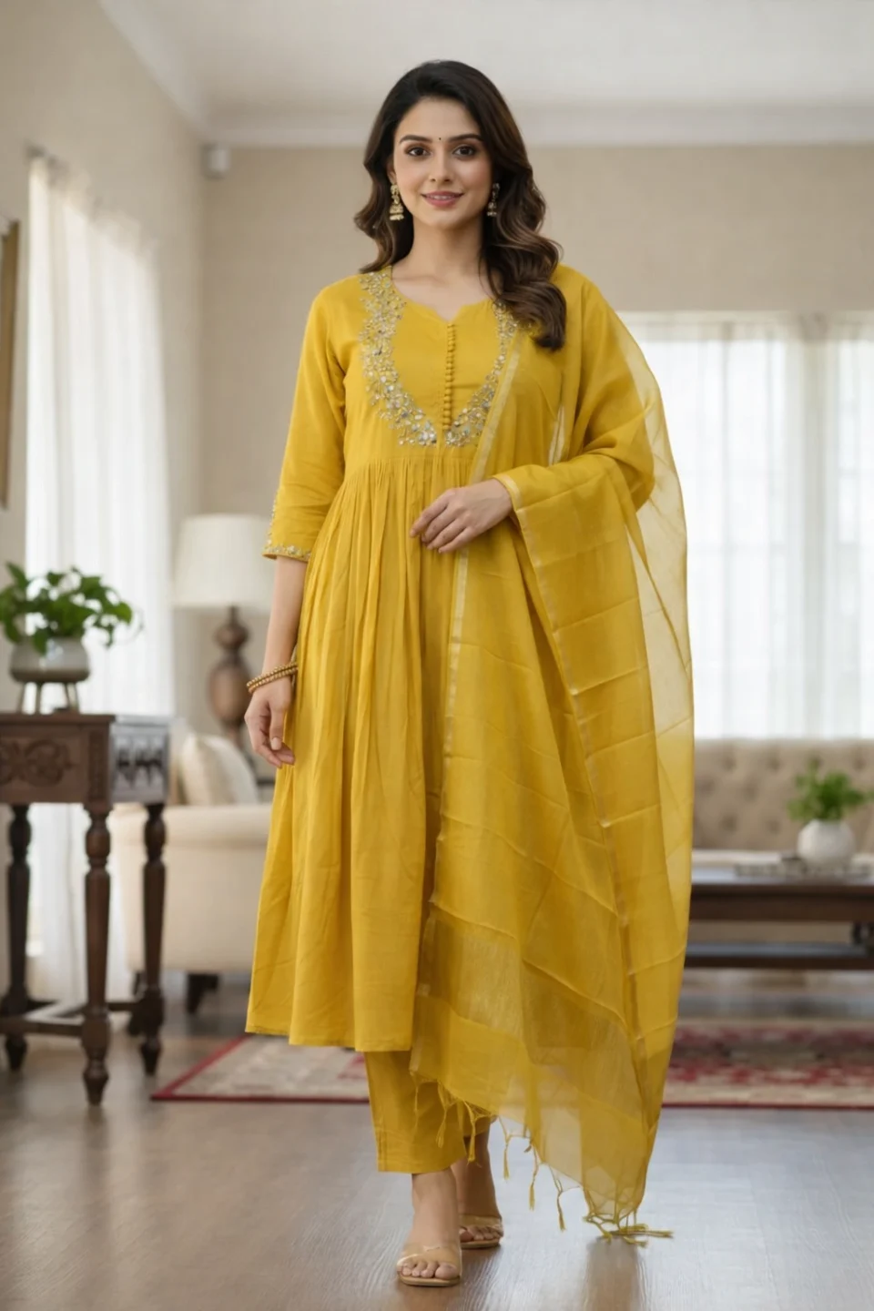 Mustard Embroidered Anarkali Kurti set
