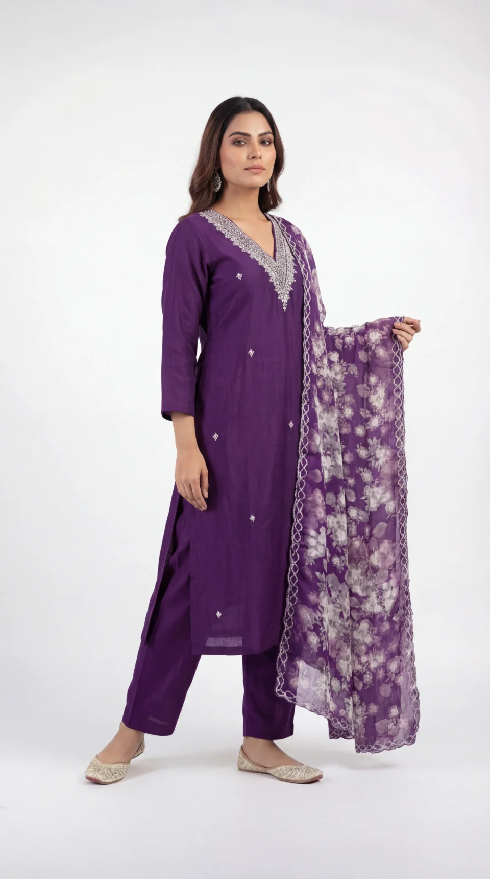 Royal Purple Embroidered Kurti Set with Floral Dupatta