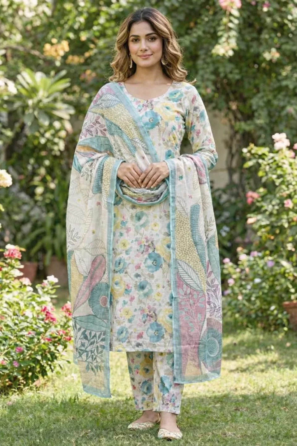 Women Pastel Floral Printed Kurta Pant Set with Dupatta