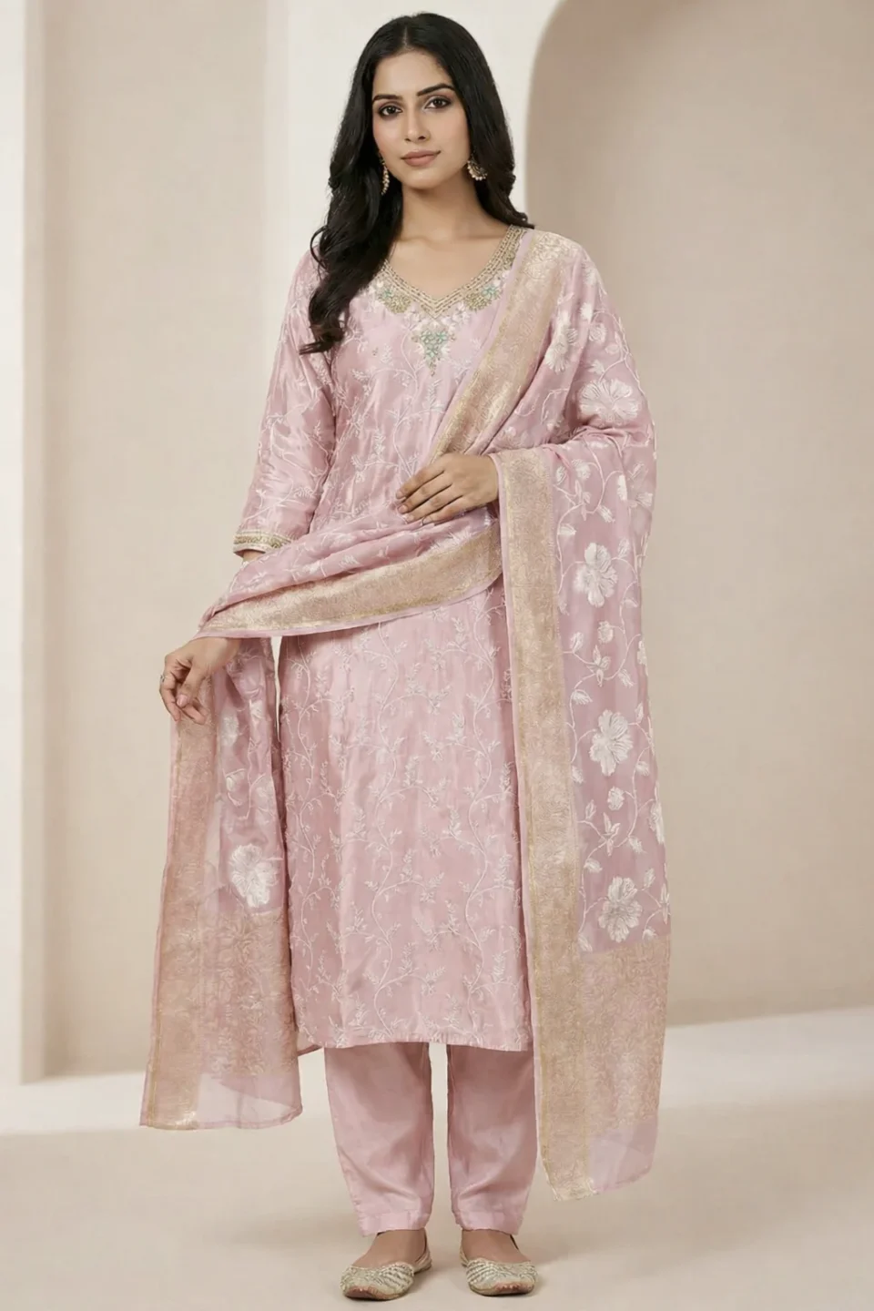 Blush Pink Chanderi Silk Embroidered Kurta Set with Dupatta