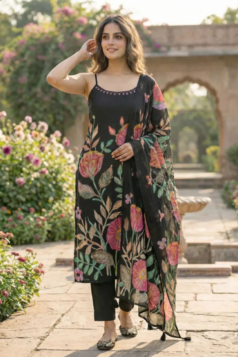 Black Floral Printed Kurti Set with Dupatta