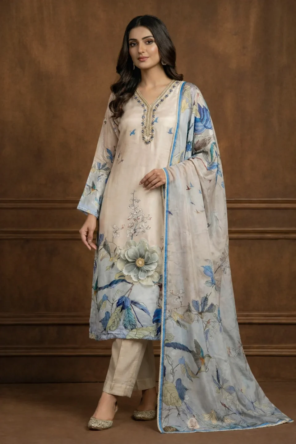 Ivory Beige Floral Printed Kurta Set with Blue Dupatta