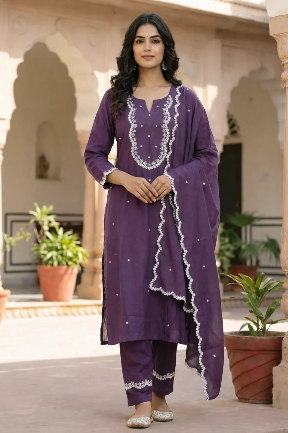 Dark Plum Purple Embroidered Anarkali Kurti Set with Dupatta
