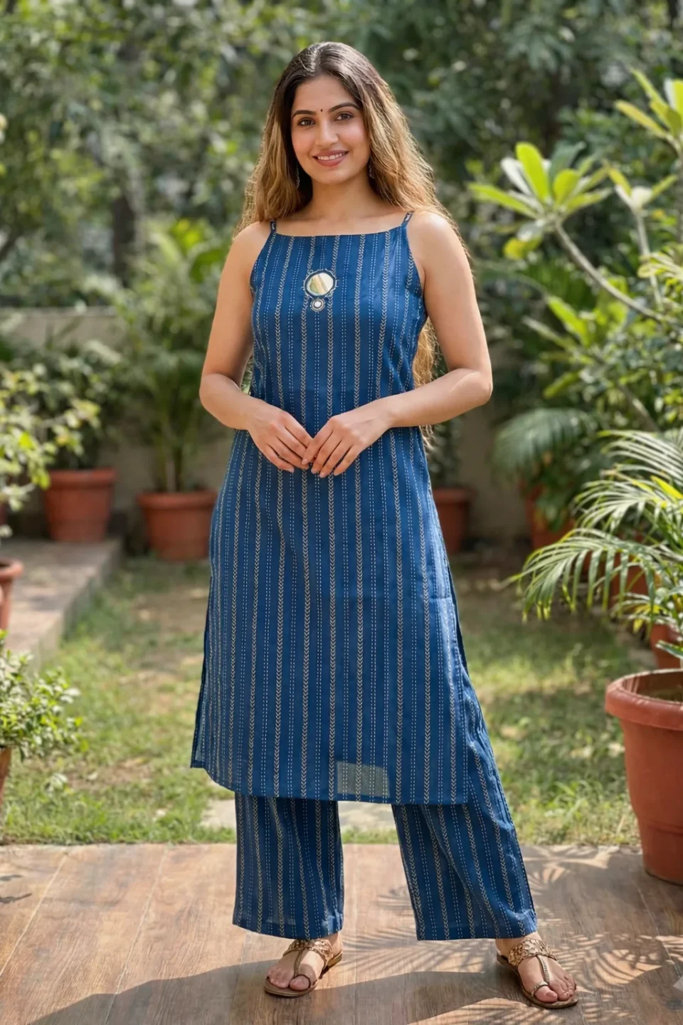 Blue Stripe Sleeveless Kurti Pant Set
