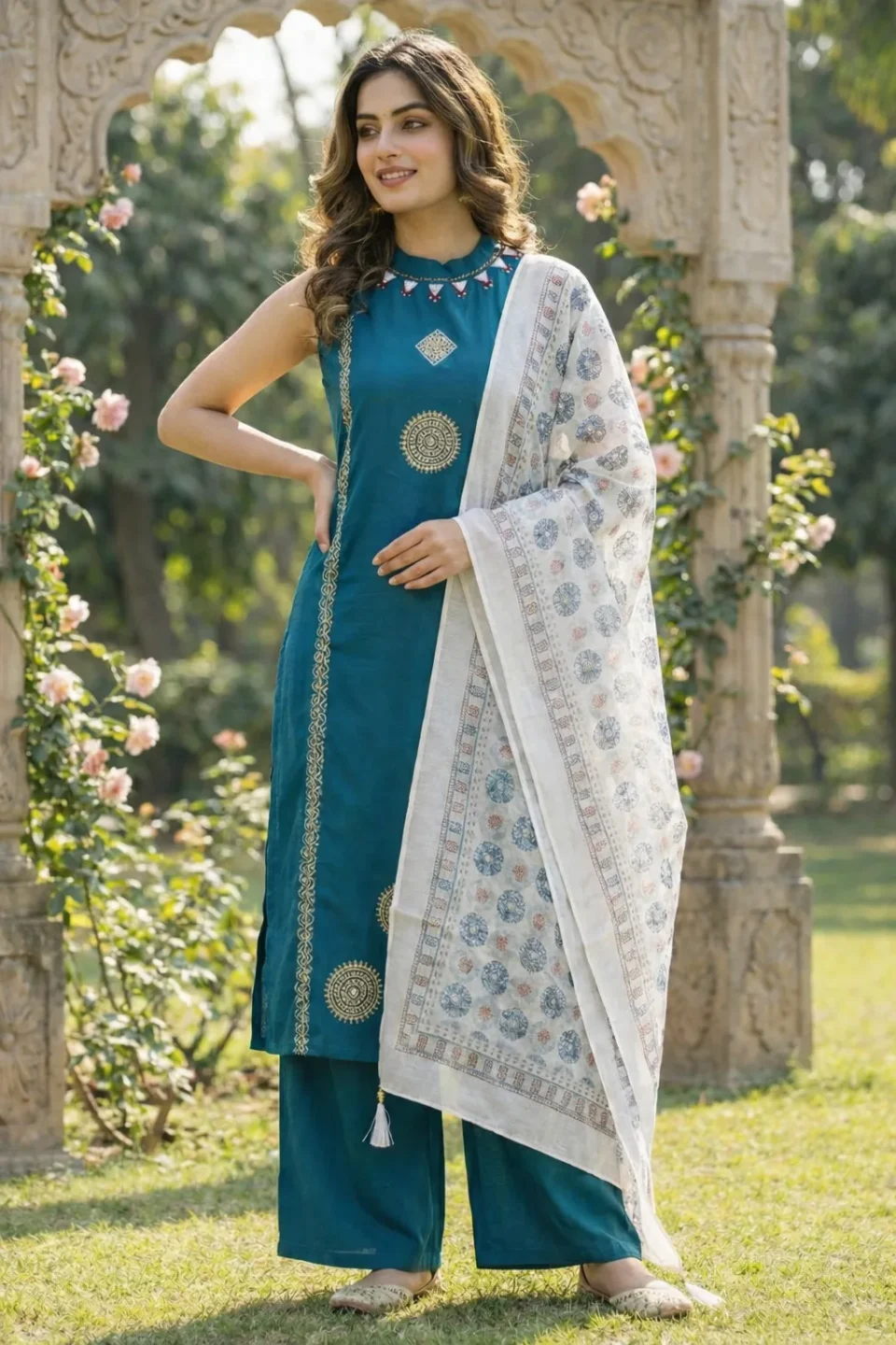 Teal Blue Embroidered Kurta Set with Printed Dupatta
