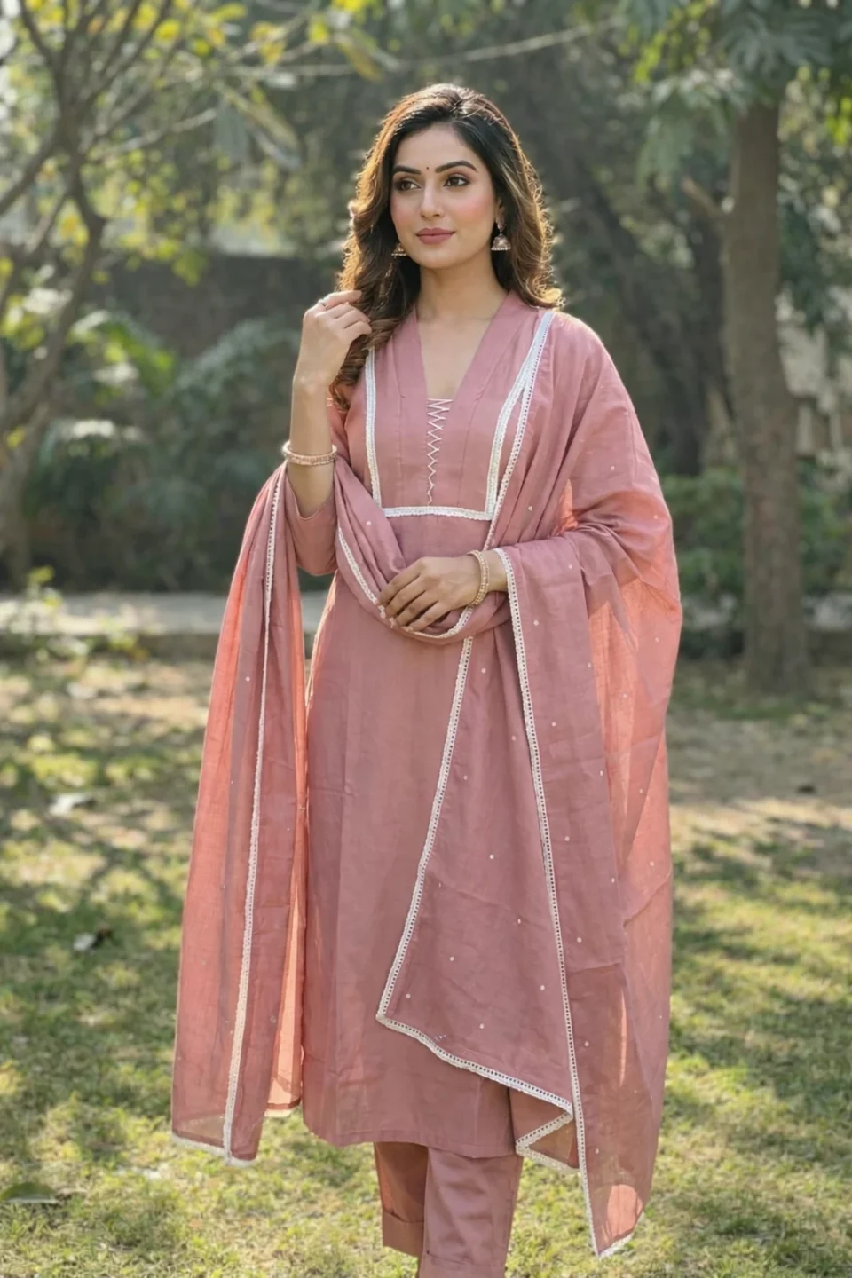 Dusty Rose Pink Straight Kurta Set with Organza Dupatta