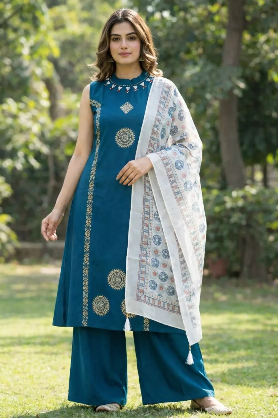 Teal Blue Embroidered Kurta Set with Printed Dupatta