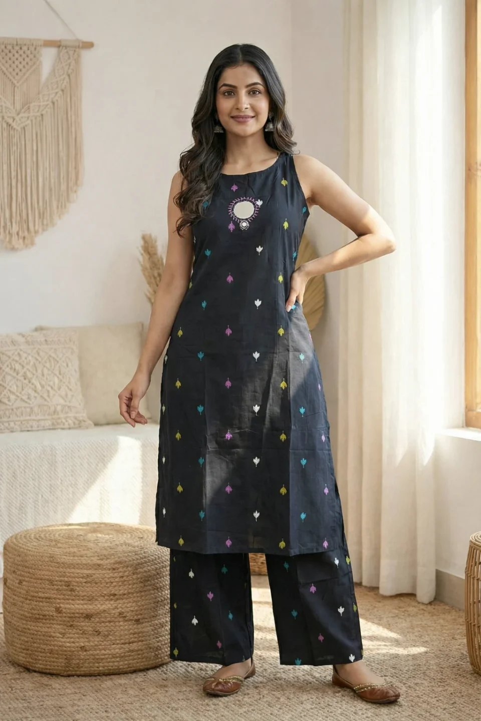 Women Black Sleeveless Printed Kurta Set with Palazzo