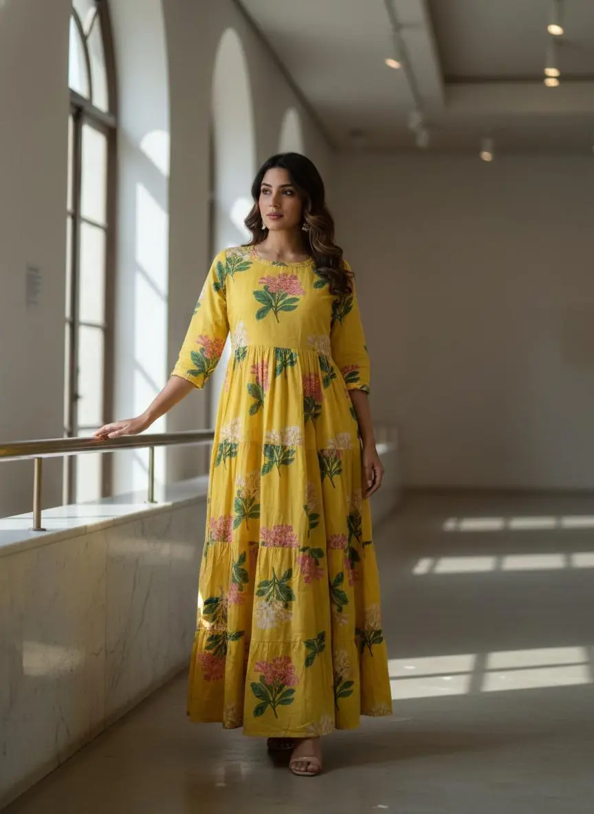 Mustard Floral Long Gown