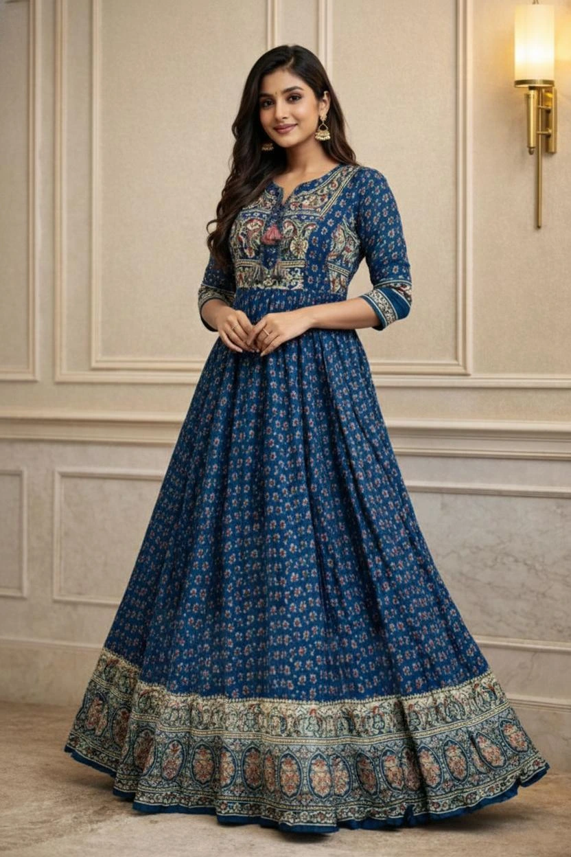 Royal Blue Printed Long Gown