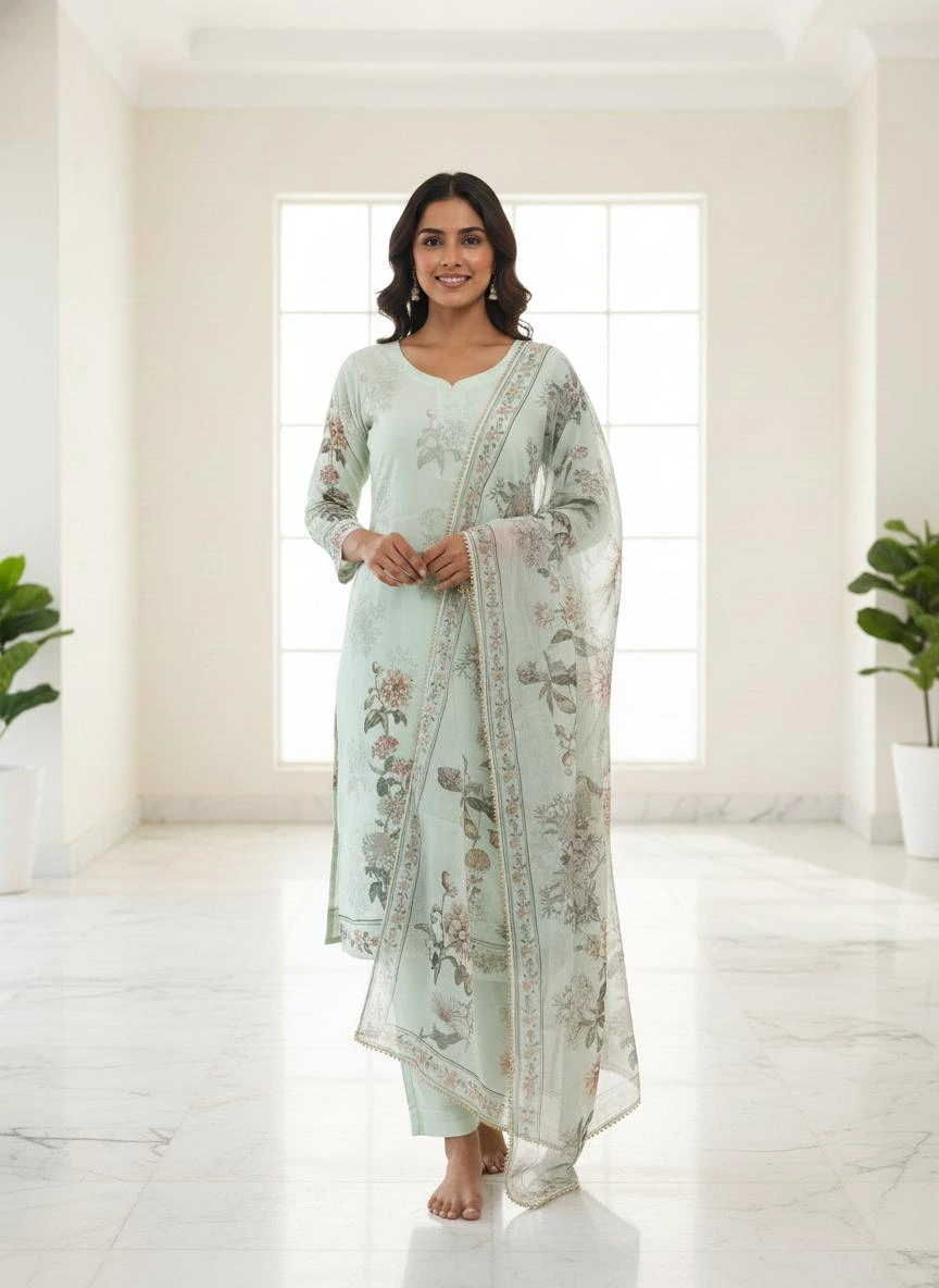 Mint Floral Printed Suit Set