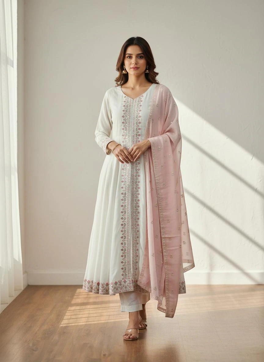 Ivory Embroidered Anarkali A-Line Kurti Set
