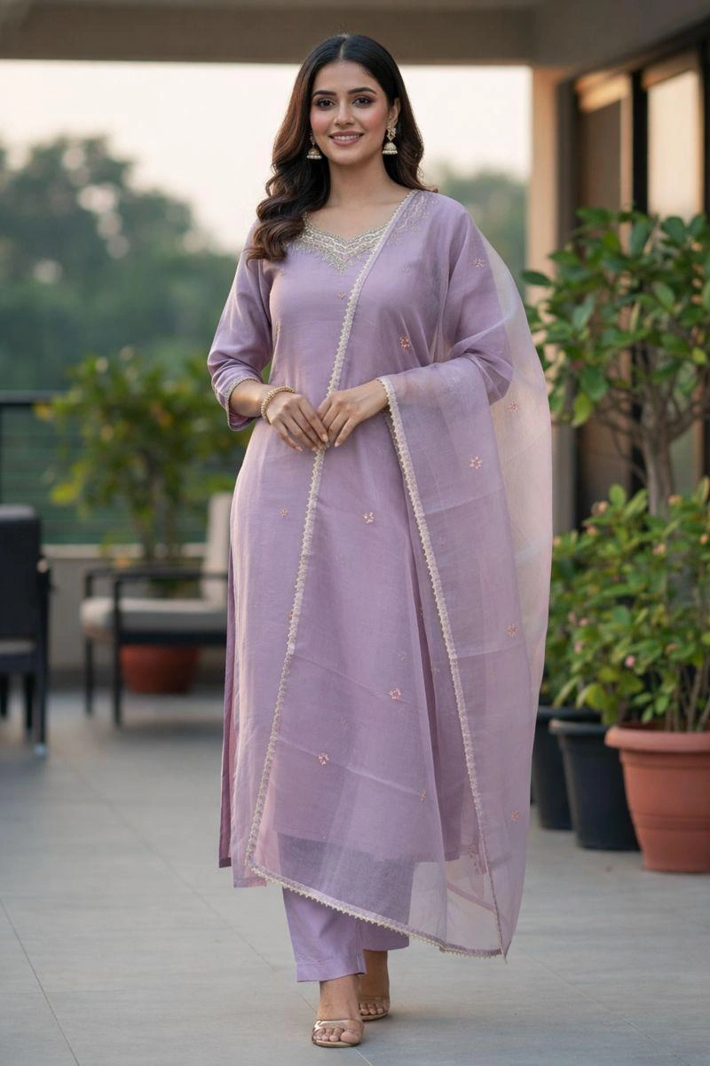 Lavender Embroidered Kurti Set with Sheer Dupatta