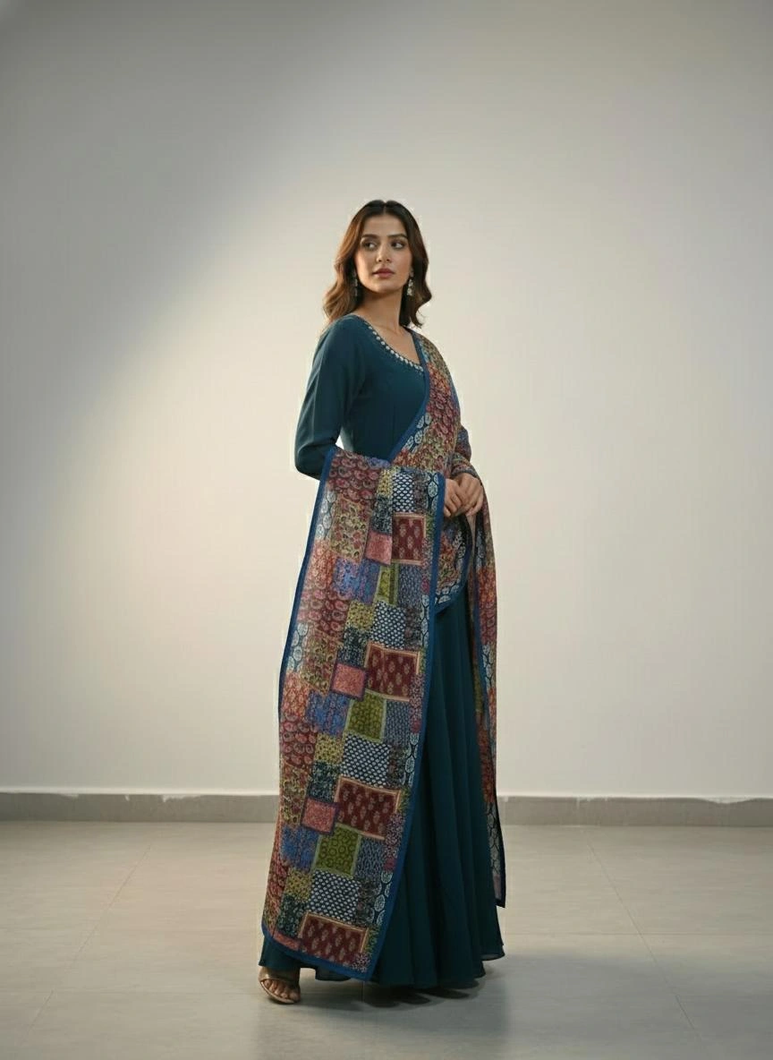 Deep Teal Embellished Kurti Set with Printed Dupatta