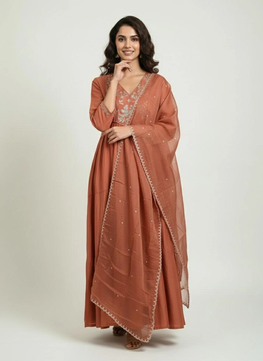 Rust Peach Embroidered Anarkali Kurta Set with Dupatta