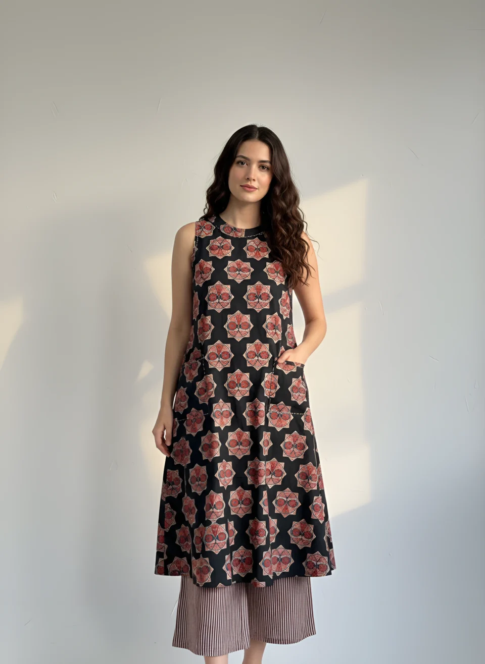 Black Floral Printed Sleeveless Anarkali Kurti