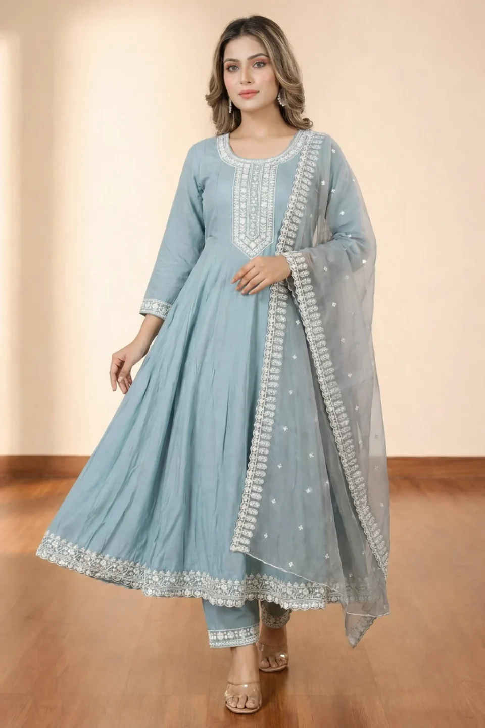 Pastel Sky Blue Embroidered Anarkali Kurti Set with Dupatta