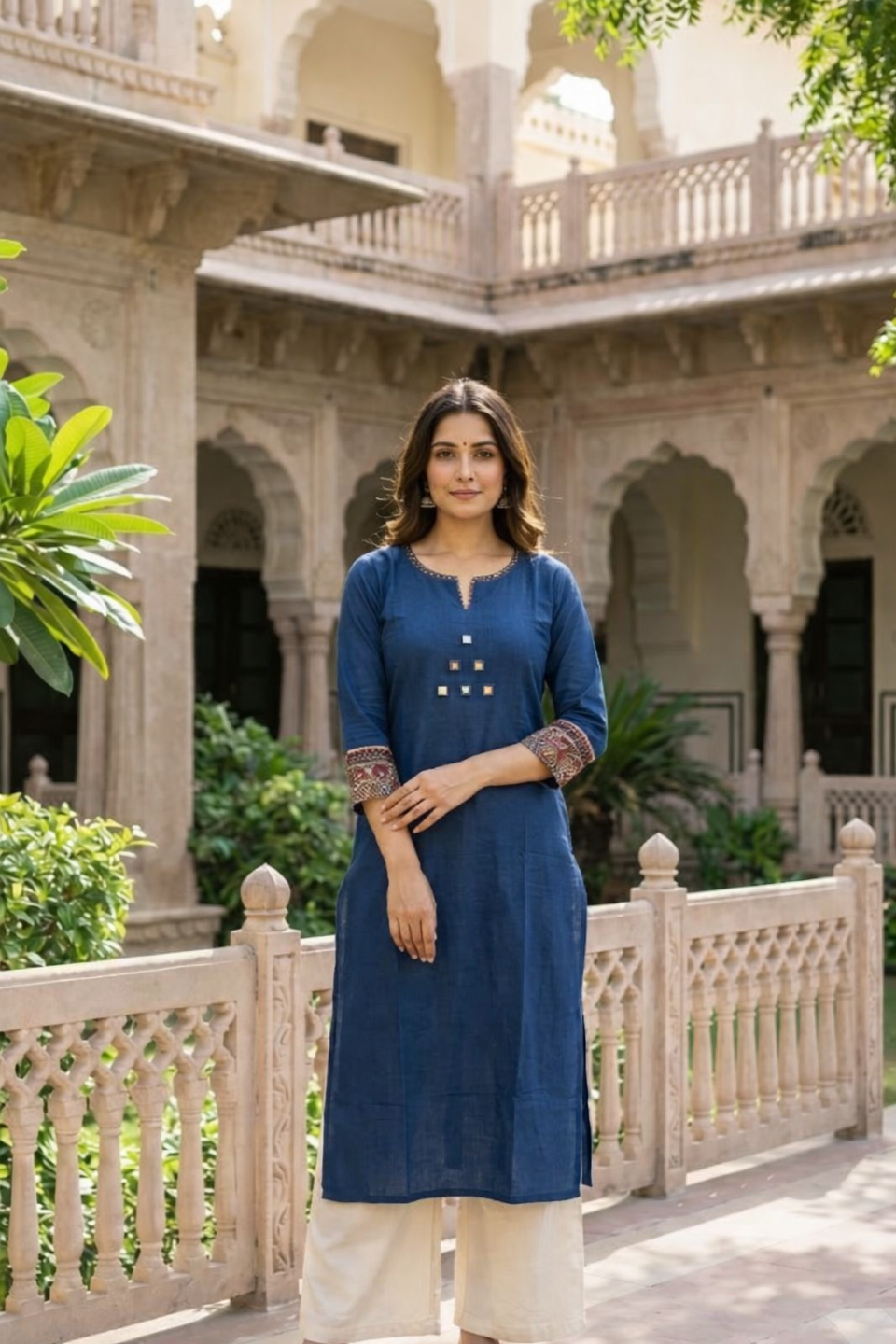 Dark Blue Straight Kurti Mirror work