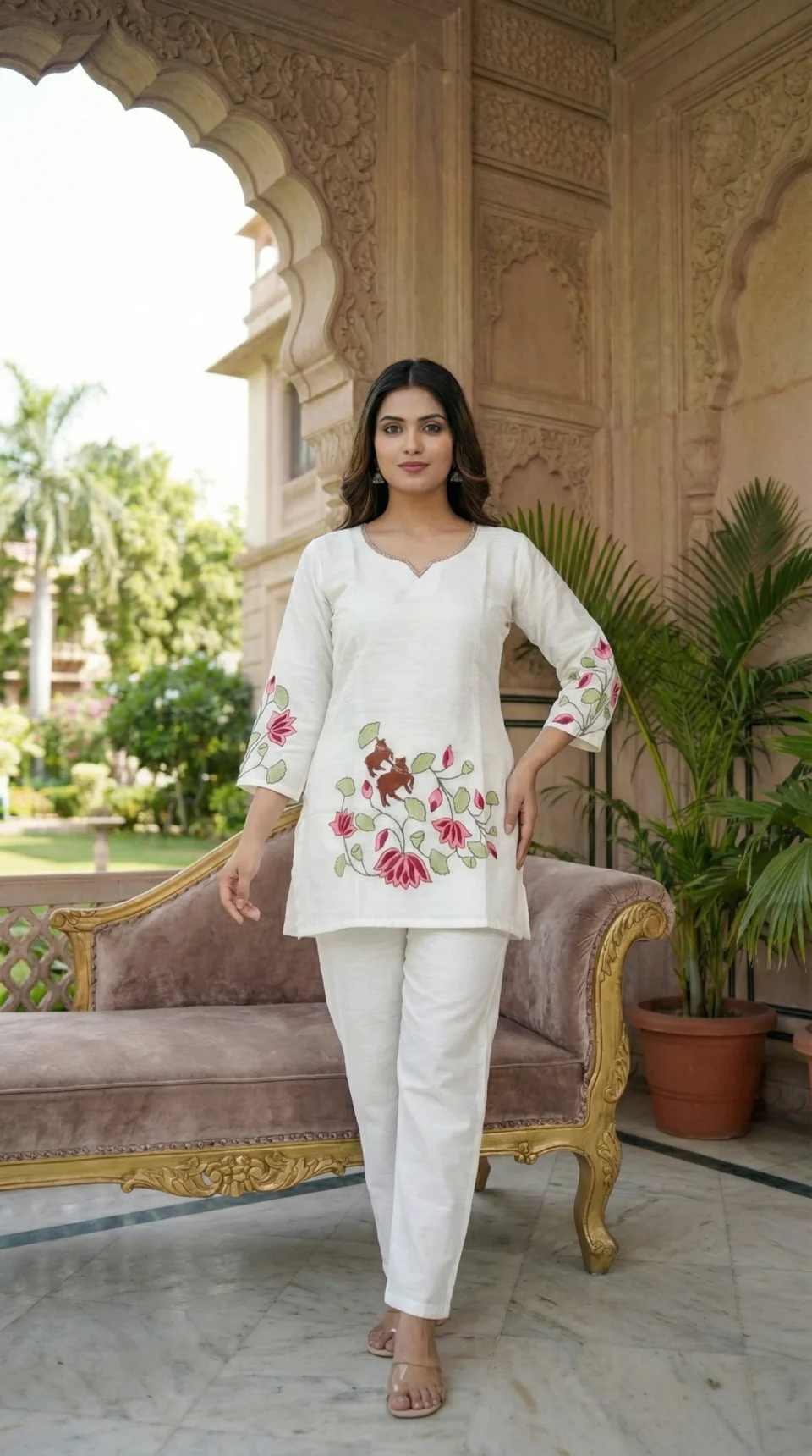 Lotus Bloom Embroidered Cotton Silk Short Kurta Set