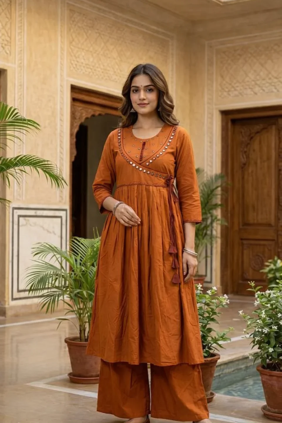 Rust Orange Cotton Kurti Palazzo Set