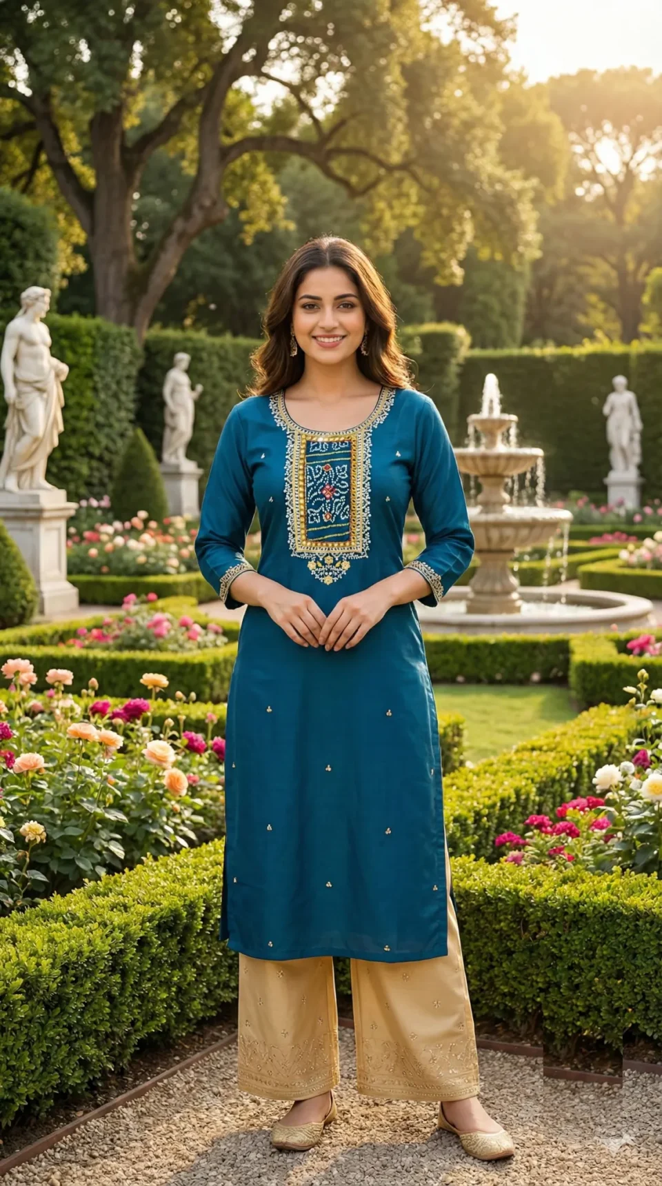 Teal Blue Embroidery Long Kurti