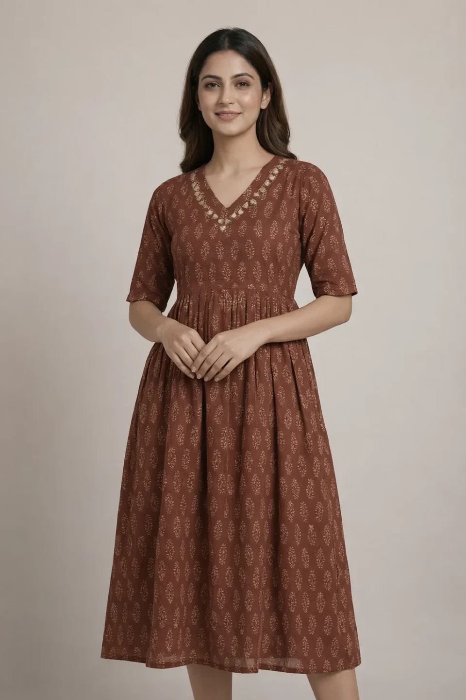 Maroon Bloom Hand-Block Printed Midi Dress