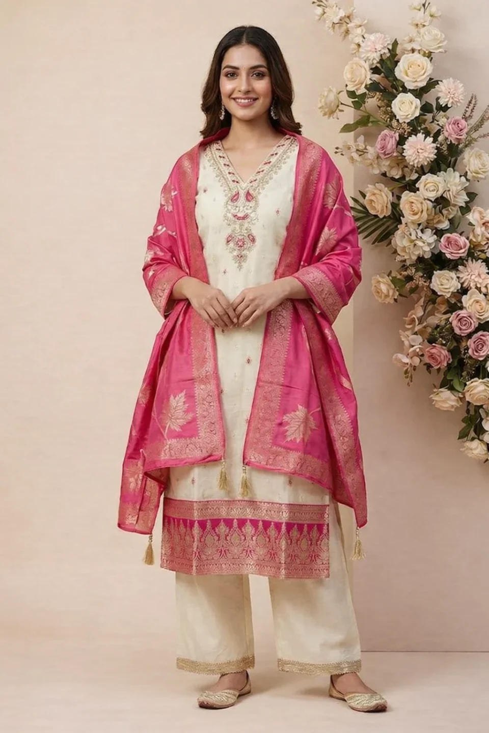 Ivory Silk Kurta Set with Rani Pink Banarasi Silk Dupatta