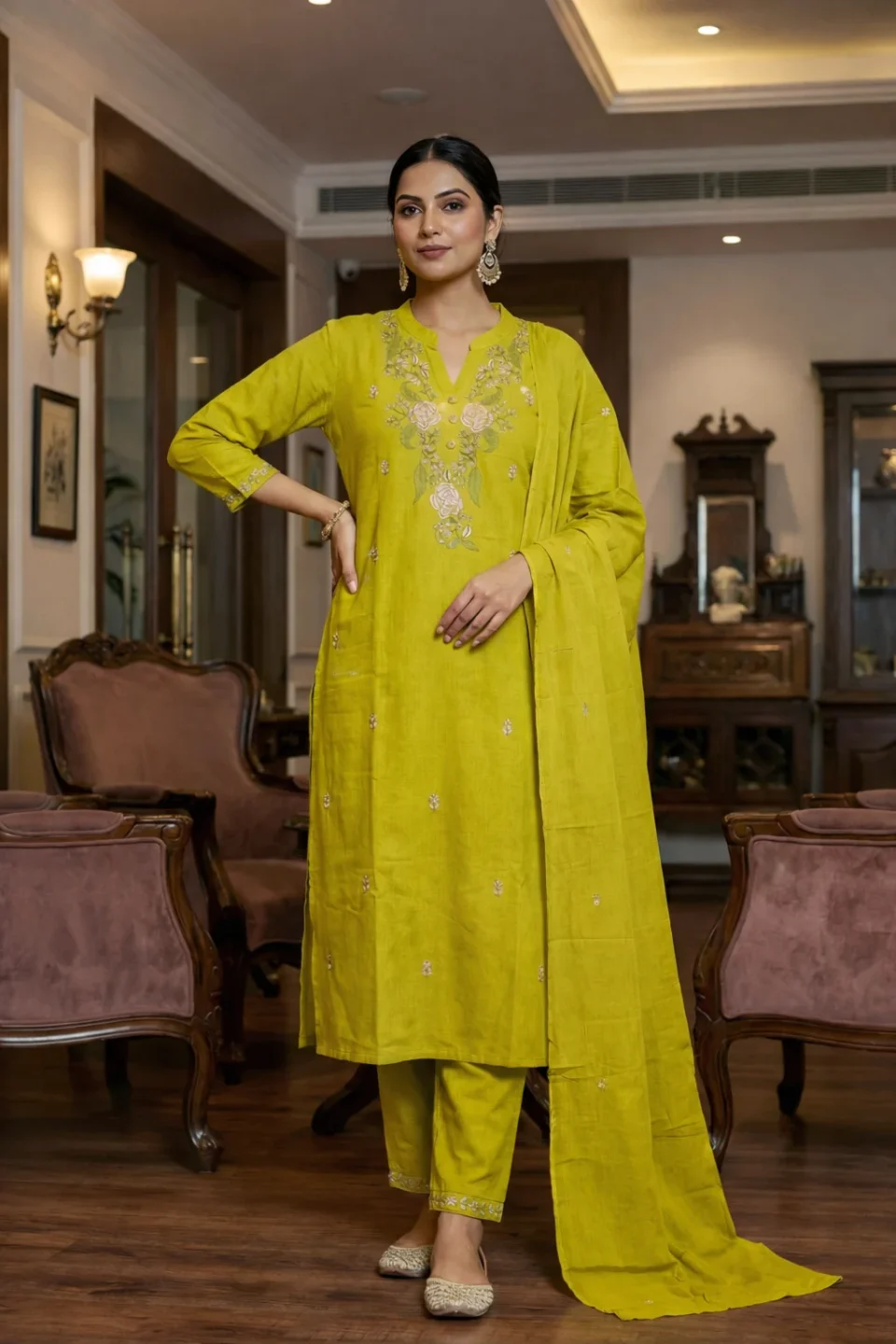 Mustard Yellow Embroidered Kurta Set