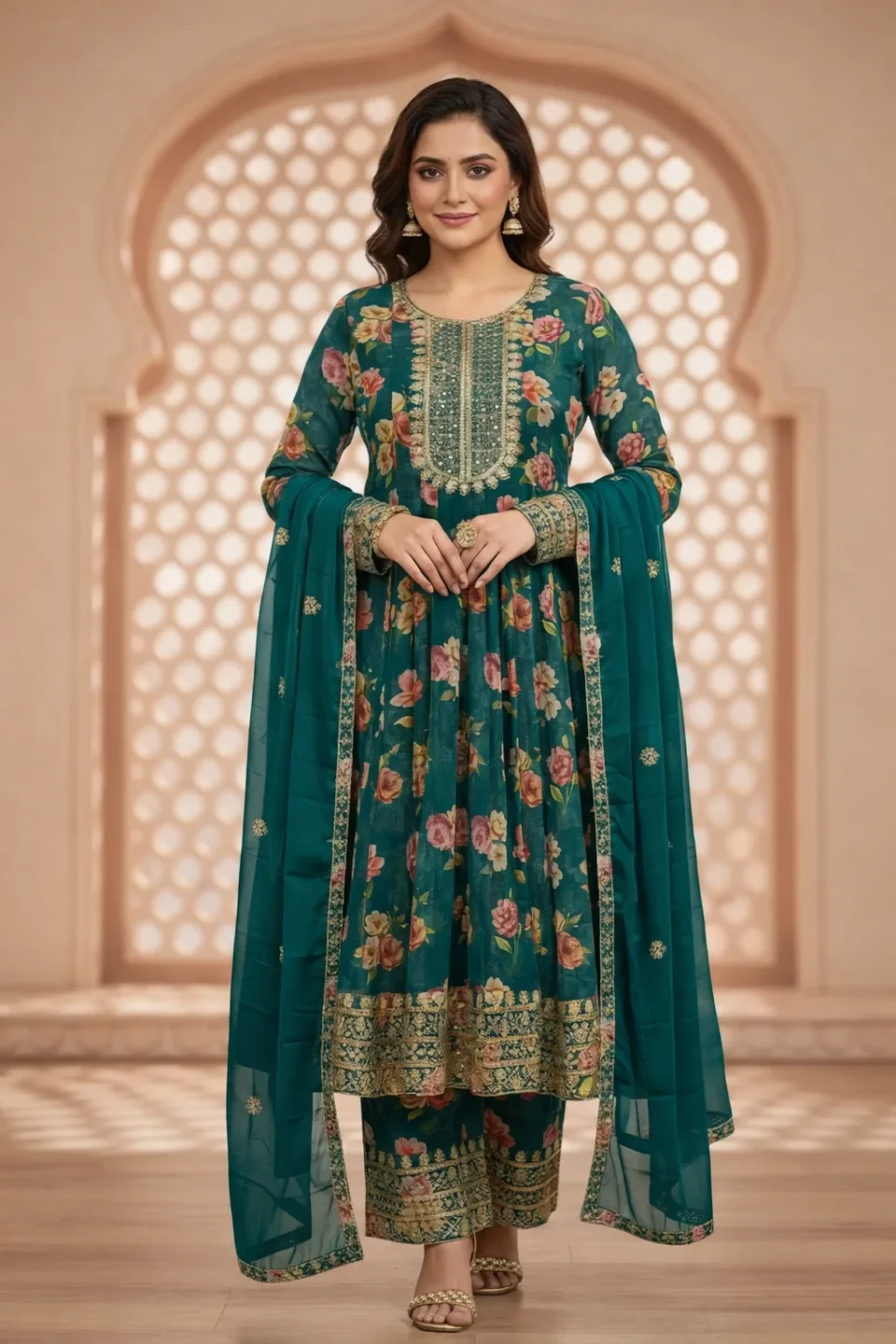 Emerald Floral Anarkali Set with Zari Embroidered Yoke