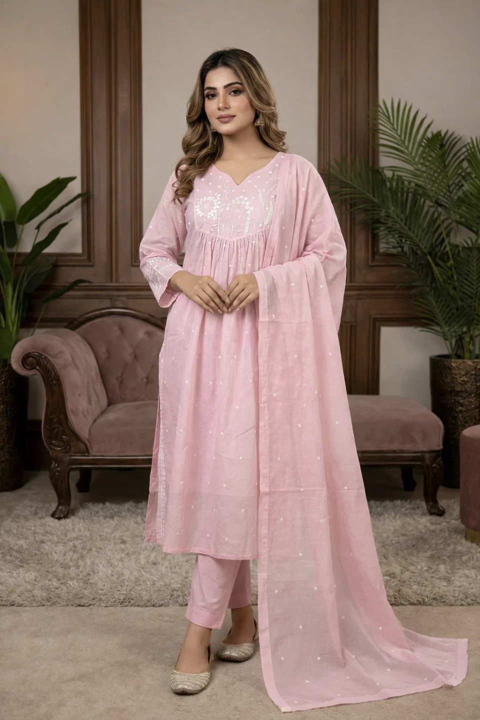 Pastel Pink Embroidered Kurta Pant Set with Dupatta