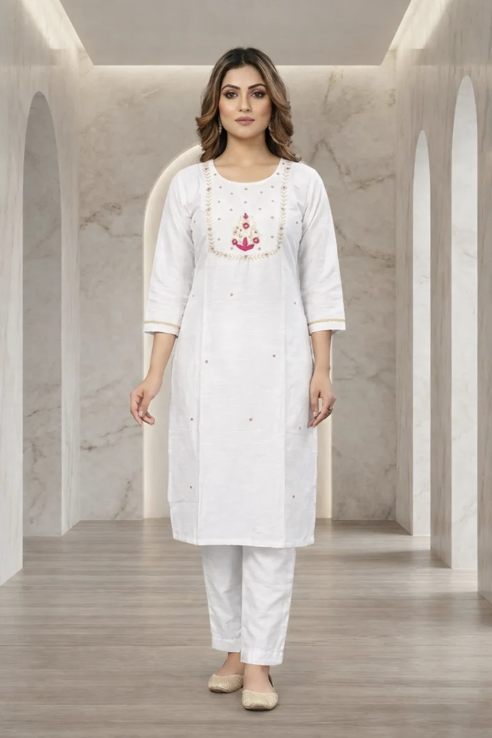 Off-White Embroidered Cotton Kurta with Straight Pants