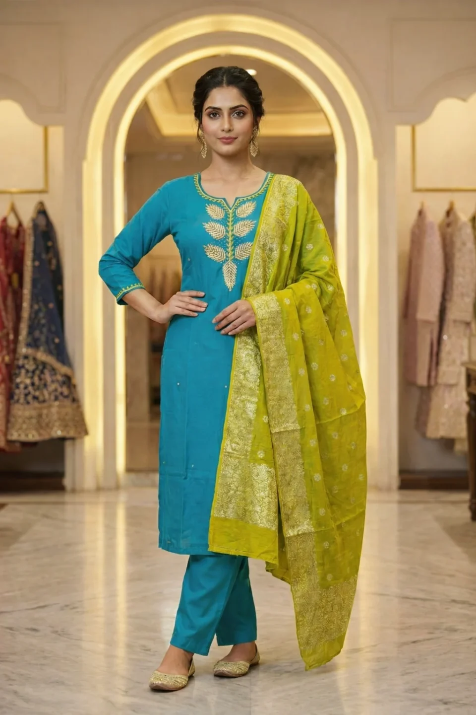 Teal & Lime Embroidered Kurta Set with Banarasi Dupatta