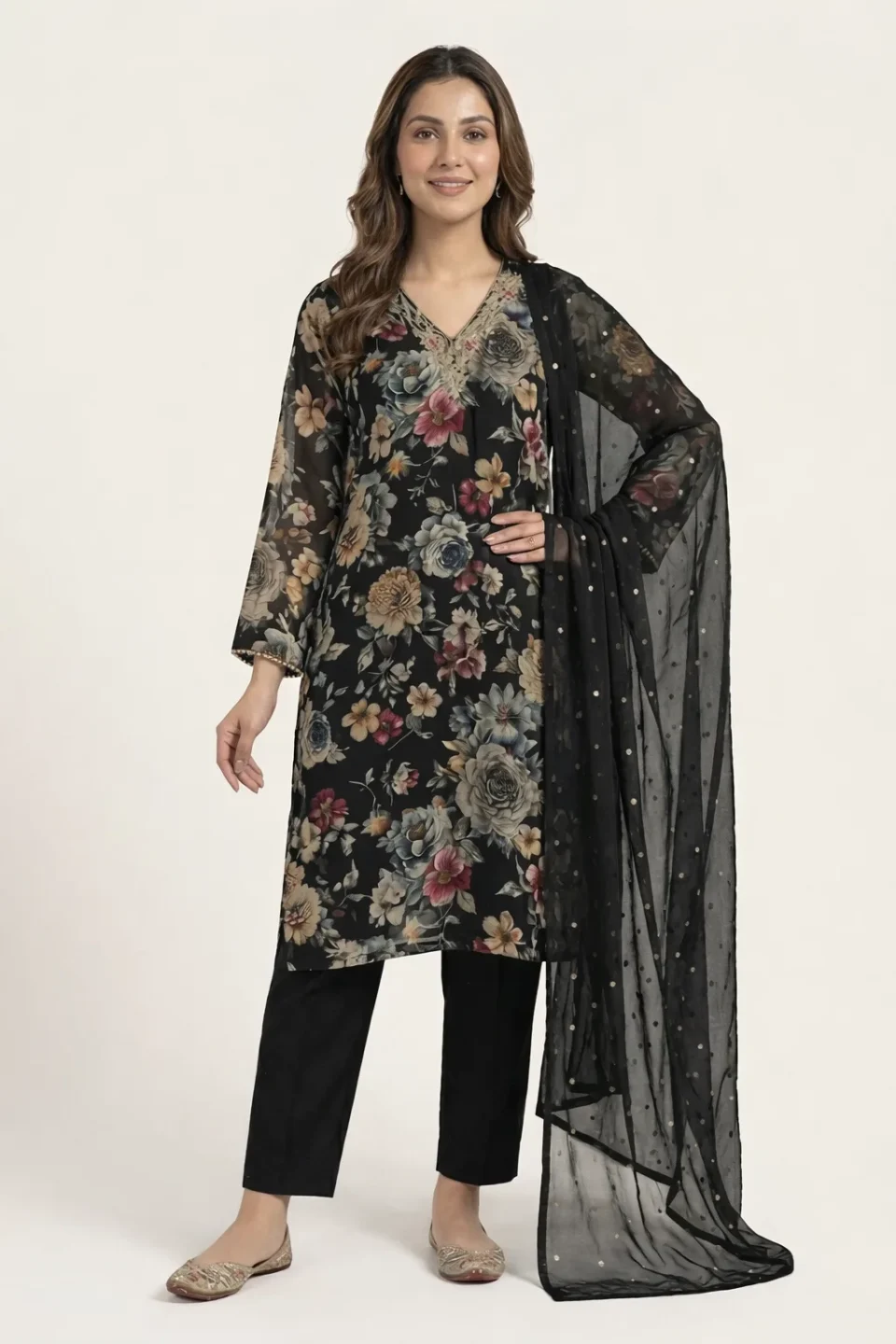 Noir Bloom Floral Kurta Set with Sheer Dupatta