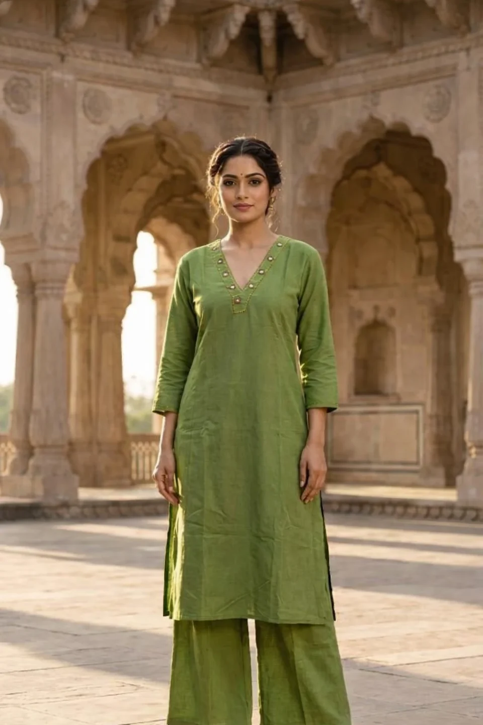 Olive Green V-Neck Embroidered Straight Kurti Set