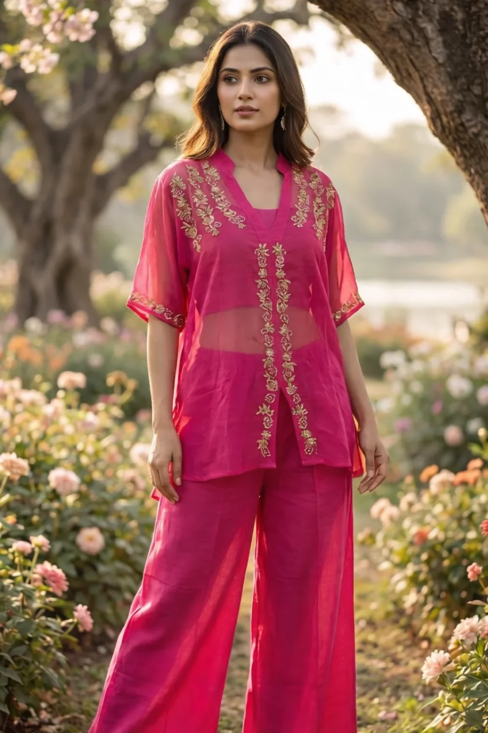 Rani Pink Embroidered Organza Kaftan Set with Wide-Leg Trousers