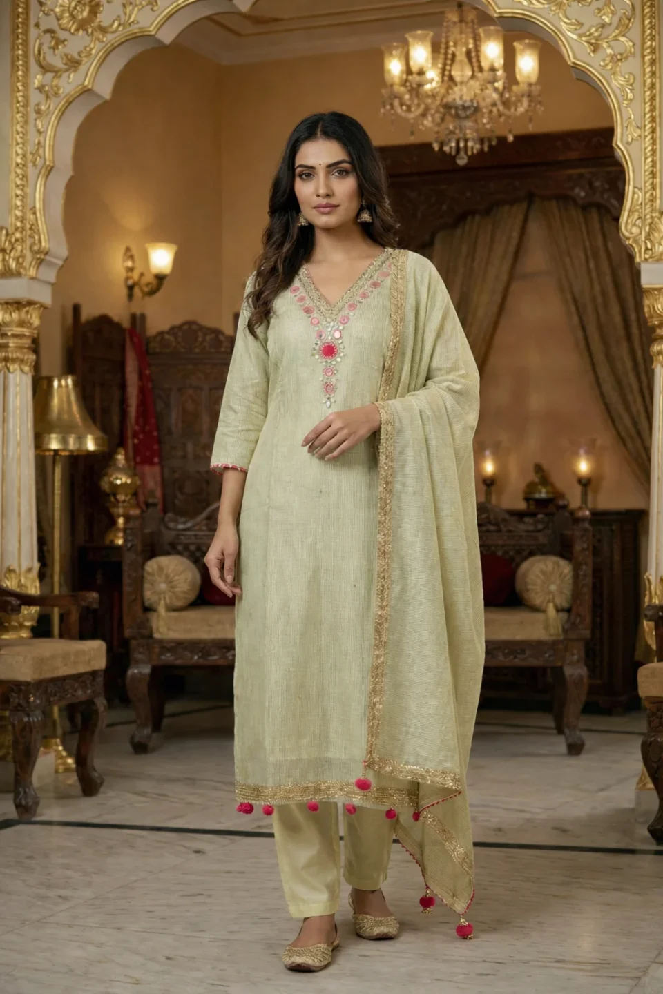 Jasmine White Zari Work Chanderi Suit with Pink Tassel Accents
