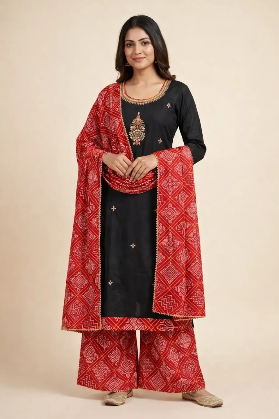 Noir Ember Embroidered Kurta Set with Bandhani Dupatta